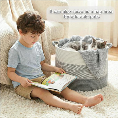 Artfeel 40L Large Cotton Rope Basket, Decorative Woven Blanket Storage for Living Room, Boho Toy Storage & Toy Box for Kids, Versatile Laundry Basket & Nursery Hamper for Blankets(Gery)