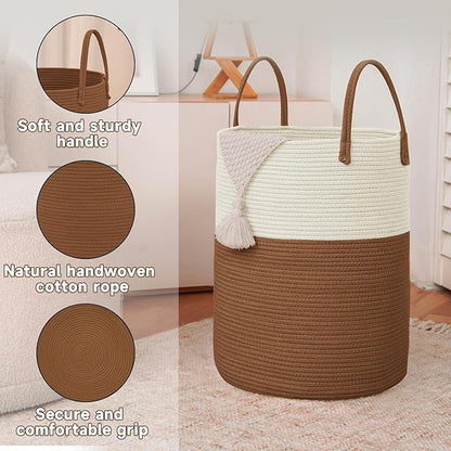 JMvicyroam Large Woven Laundry Basket Hamper,60L Cotton Rope Storage Bin for Blankets,Toys and Clothes,Decorative Tall Nursery Hamper for Living Room,Baby Nursery,Bathroom and Bedroom,White and Brown