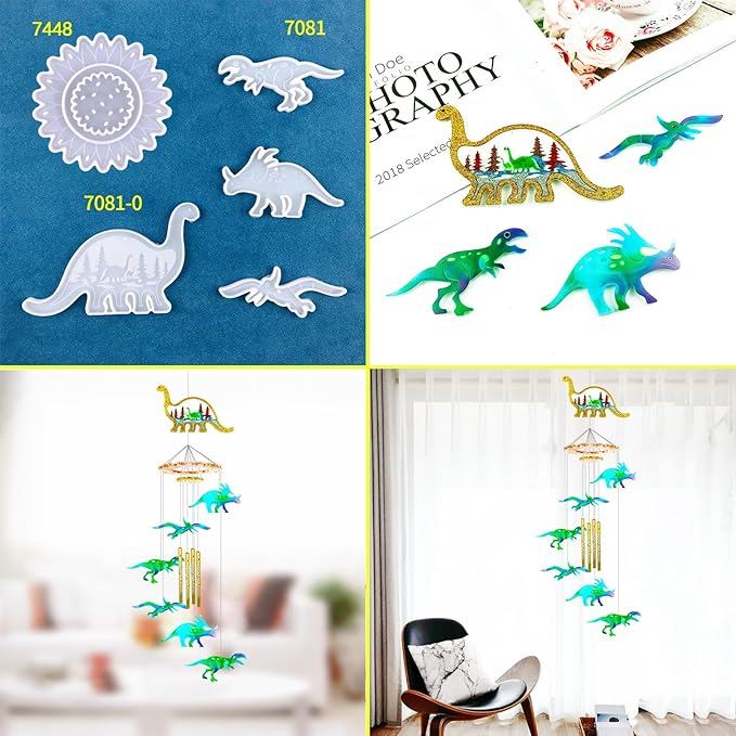 DIY Dinosaur Wind Chime Resin Mold Set, 33-Piece Kit with T-Rex and Triceratops Designs, Dinosaur Wind Chime Making Tools, Bedroom and Living Room Decorations, epoxy Resin Silicone molds