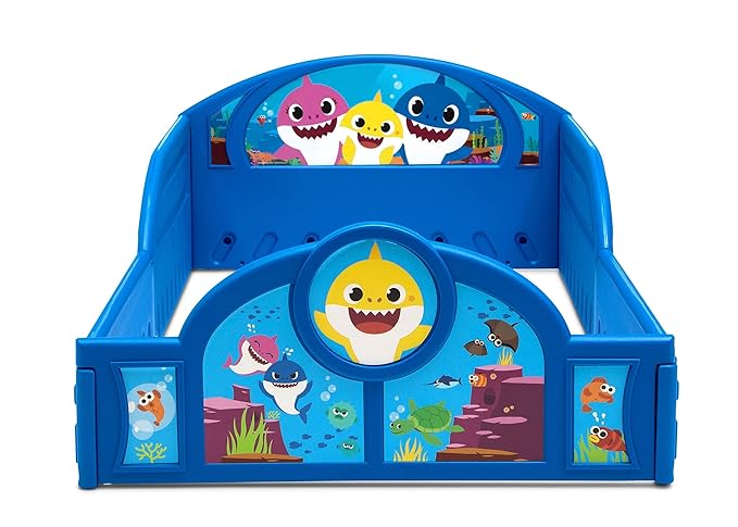 Baby Shark Plastic Sleep and Play Plastic Toddler Bed with Attached Guardrails by Delta Children, Blue