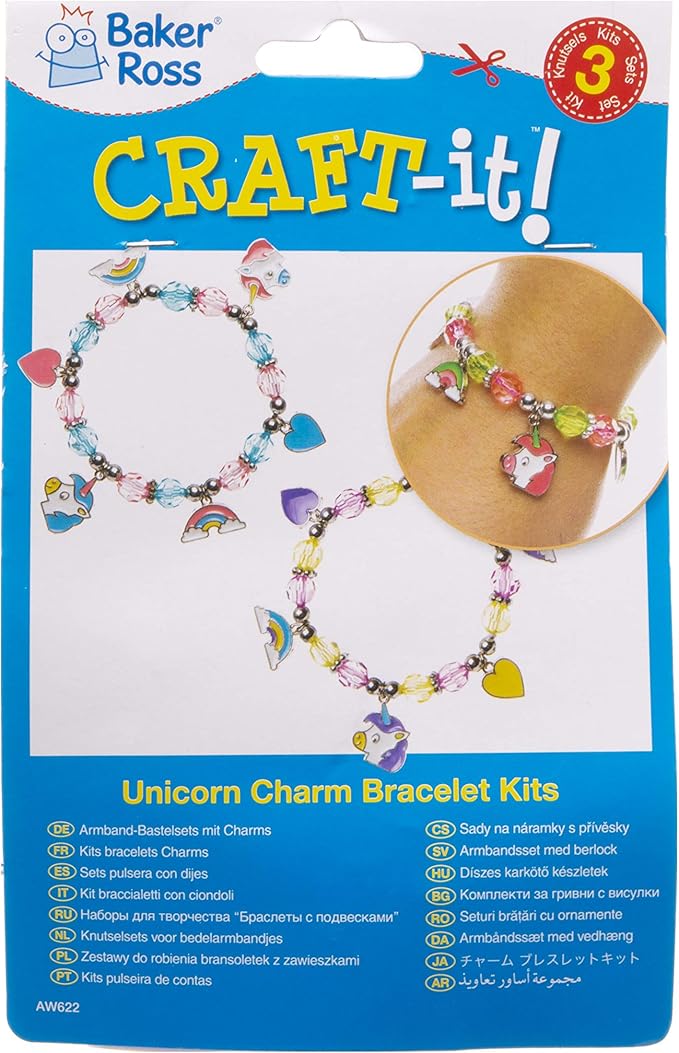 Baker Ross AW622 Unicorn Charm Bracelet Kits - Pack of 3, Make Your Own Colorful Bangle Charms, with Beads, Charms and Elastic Cord for Kids Arts and Crafts Activities