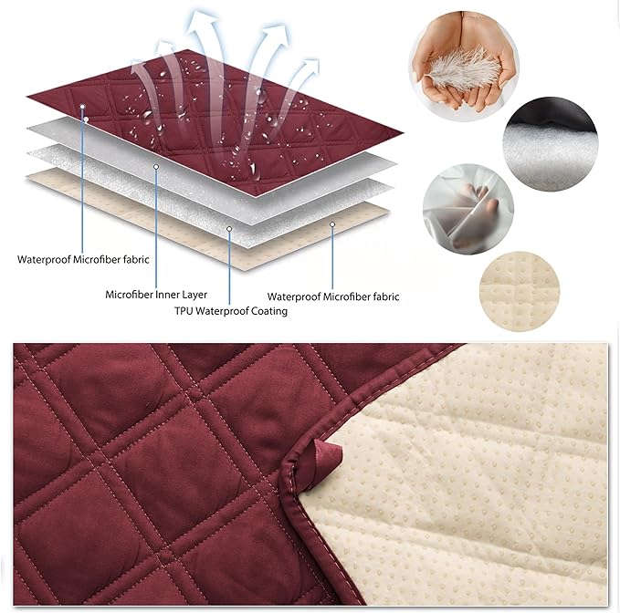 TOMORO Non-Slip Recliner Sofa Cover - 100% Waterproof Recliner Chair Slipcover Furniture Protector, Washable Couch Cover with Elastic Straps for Dog and Kids, Burgundy, 23 Inch Middle
