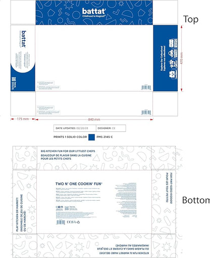 Battat – Play Kitchen & Market – Toddler-Friendly Size – Chalkboard Menu & Oven Dials – 25 Toy Cooking Accessories – 2 Years + – Two n' One Cookin' Fun