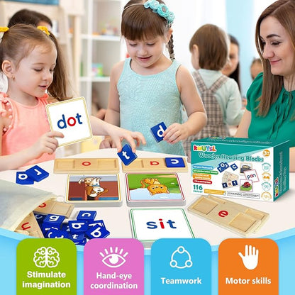 Learnign Toys for 2 3 4 5 6 Years Old Boys Girls, Wooden CVC Reading Spelling Game for Kids, Preschool Kindergarden Learning Activities, Educational Toys Gifts for 2-4 3-5 4-6 Year Old Kids