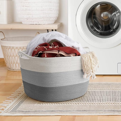Maliton Large Blanket Basket, 22" X 22" X 14" Woven Baskets for storage Baby Laundry Hamper, Cotton Rope Blanket Basket for Living Room, Laundry, Nursery, Pillows, Clothes, Baby Toy chest (White&Grey)