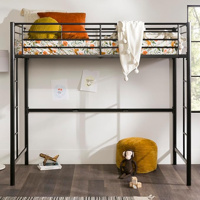 Walker Edison Timothee Urban Industrial Metal Twin over Loft Bunk Bed, Twin Size, Black