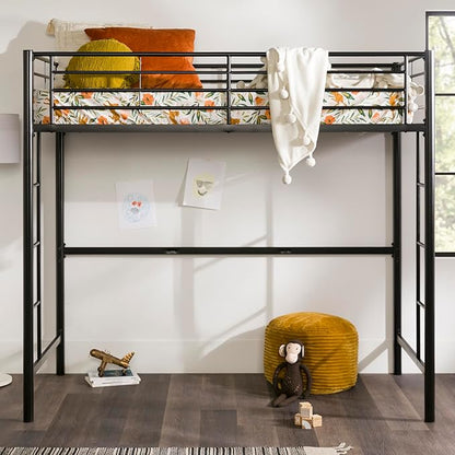 Walker Edison Timothee Urban Industrial Metal Twin over Loft Bunk Bed, Twin Size, Black