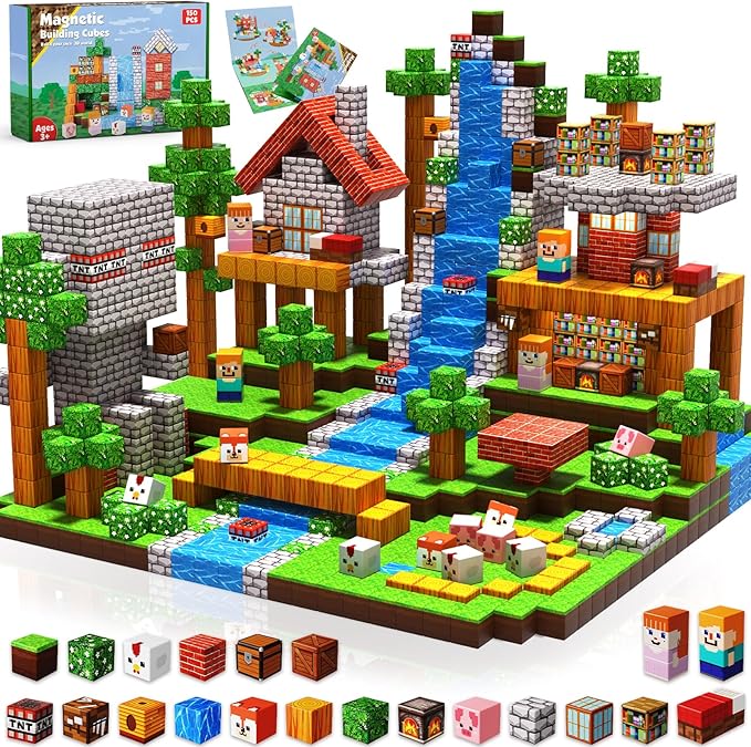 Magnetic Blocks-150PCS Grassland Magnetic Building Blocks Set, Kids Classroom Sensory Toy for Toddlers STEM Learning, Construction Stacking Toy for Kids 3+ Boys and Girls Christmas Birthday Gifts