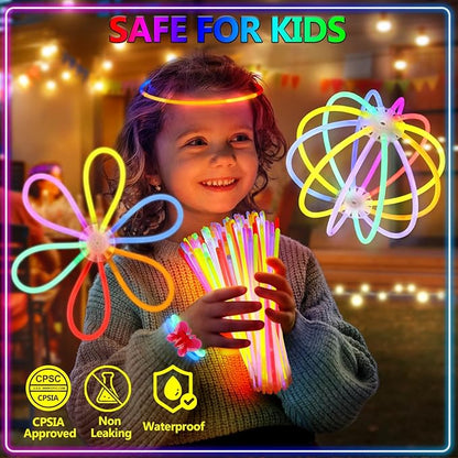 BUDI 467Pcs Glow Sticks Party Favors for Kids Adults 200 GlowStick Bulk 8 Colors 8 Inch & 267 Connectors for Glow in the dark Necklace Bracelets Glasses Party Supplies Light Up Toys Neon Accessories