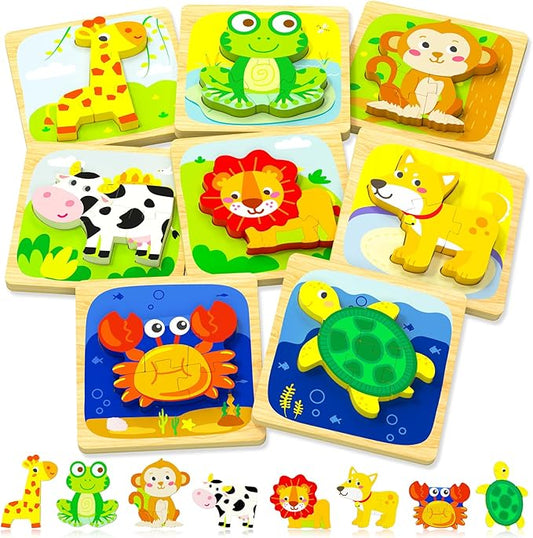 Benresive Wooden Toddler Puzzles Ages 1-3, Montessori Toys for 1 2 3 Year Old Boys Girls, 8 Pack Animal Toddler Toys Gifts for 1 2 3 Year Old Boys Girls, Learning Educational Preschool Toys