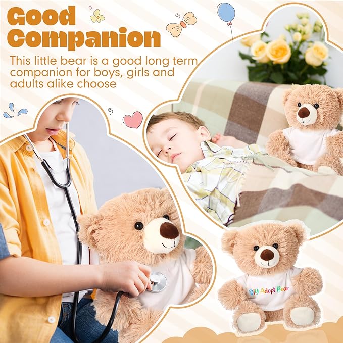 HyDren Valentine's Day Gifts for Kid DIY Bear Stuffed Animal Set Adopt and Stuff Bear Kit 10 Inch Soft Bear Plush with White Bear Clothes Adoption Card DIY Brush for Classroom Favor Baby Shower Party