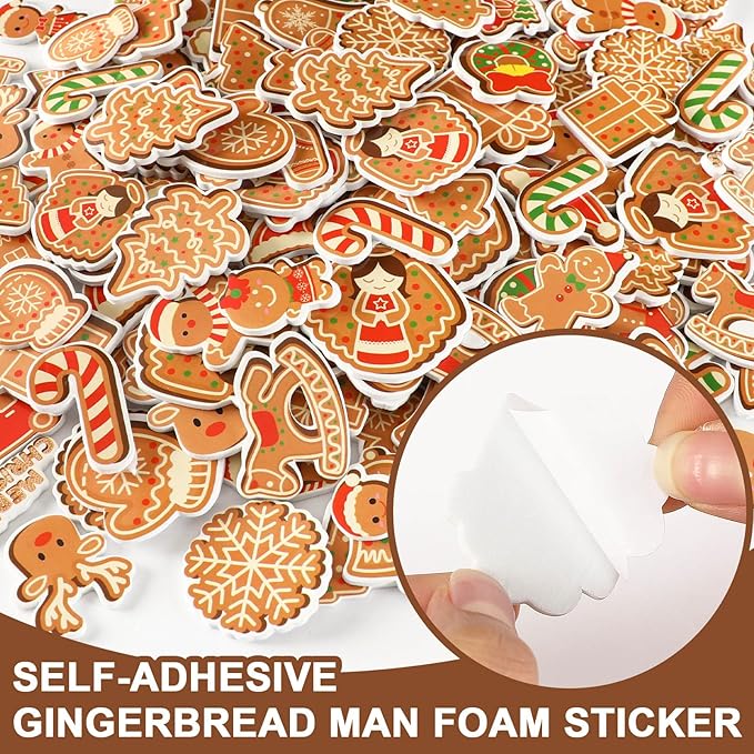 JULBEAR Gingerbread Foam Sticker, 300Pcs Christmas Snowflakes Candy Gingerbread Shapes Self Adhesive Foam Stickers for Kids Christmas Party Favors DIY Crafts Decorations Schools Crafts Projects