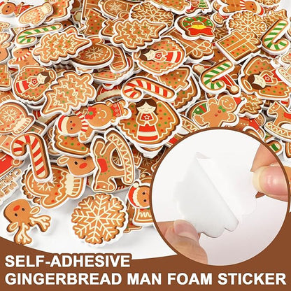 JULBEAR Gingerbread Foam Sticker, 300Pcs Christmas Snowflakes Candy Gingerbread Shapes Self Adhesive Foam Stickers for Kids Christmas Party Favors DIY Crafts Decorations Schools Crafts Projects