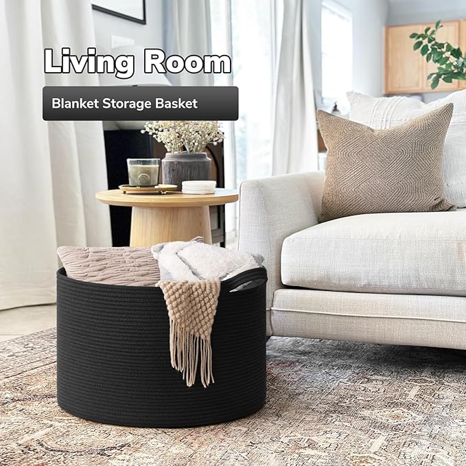 Goodpick Blanket Basket 19.7'' x 12.6'', Woven Storage Baskets, Cotton Rope Toy Storage for Kids, Home Decor for Living Room, 65L Black