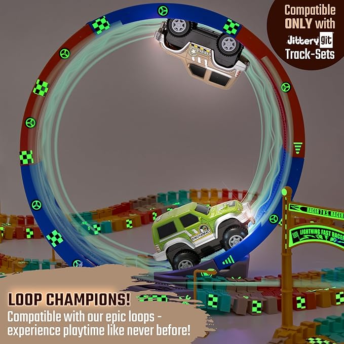 JITTERYGIT Replacement Cars for Tracks - Extra Race Car Accessories for Dinosaur Race Track & Train Toy Gift - Compatible with Most Tracks for Kids Boys and Girls (2 Jeeps Pack)