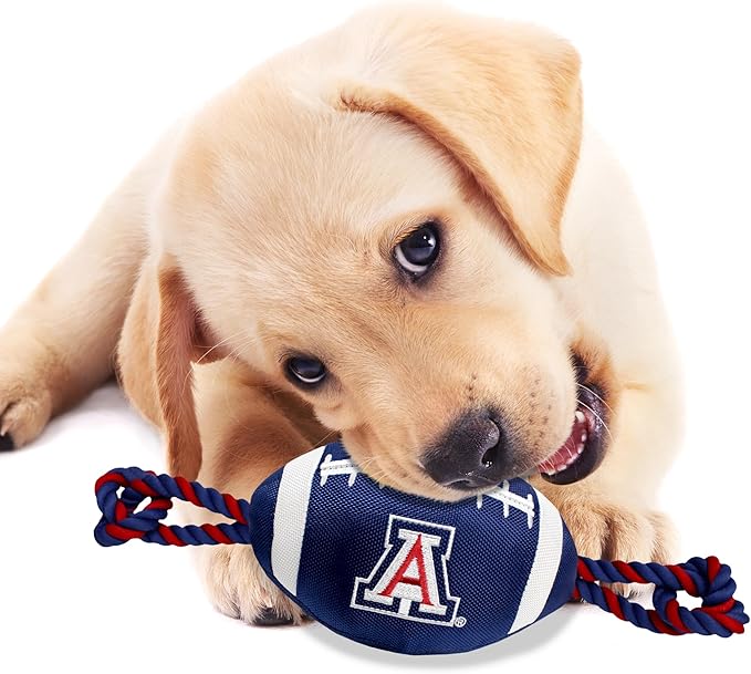 Pets First University of Arizona Football Dog Toy, Tough Quality Nylon Materials, Strong Pull Ropes, Inner Squeaker, Collegiate Team Color