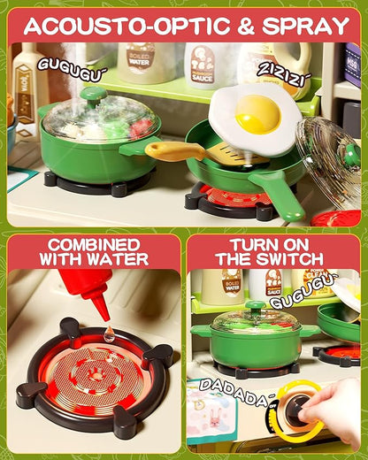 33.8IN - 70PCS Kids Kitchen Playset with Sound & Light - Cooking Stove with Steam, Play Sink and Toy Kitchen Accessories - Pretend Kitchen Play Food Toys for Kids Boys Girls - Toddler Play Kitchen Set