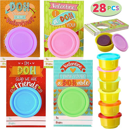 JOYIN 28 PCS Valentine Day Gift Cards with Colorful Playing Dough for Kids Party Favors, Valentine's Classroom Exchange Prize