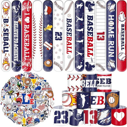 74PCS Baseball Party Favors 24PCS Baseball Slap 50PCS Baseball Stickers Bracelets Baseball Themed Party Favors Birthdays Party Decorations for Sport Game Player Kids Gifts