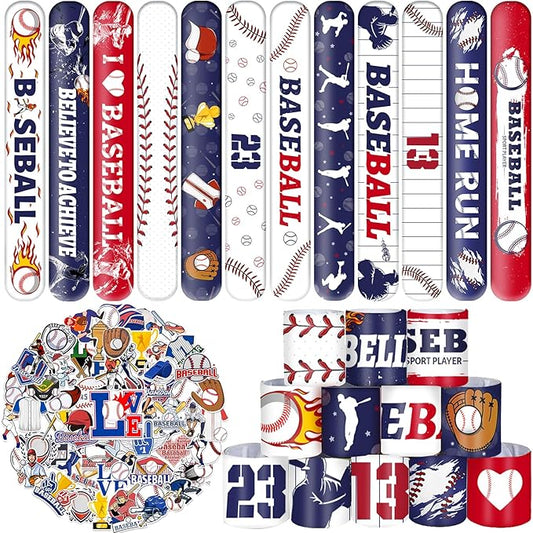 74PCS Baseball Party Favors 24PCS Baseball Slap 50PCS Baseball Stickers Bracelets Baseball Themed Party Favors Birthdays Party Decorations for Sport Game Player Kids Gifts