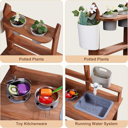 ROBUD Mud Kitchen for Kids Outdoor, Wooden Outdoor Play Kitchen, Kids Mud Kitchen with Removable Sink & Faucet, Monteeori Toys for Children Ages 3+ Years, WG404
