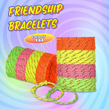 Bedwina Friendship Bracelets For Kids - (Pack of 144) Neon Adjustable Woven Rope Friendship Bracelets Bulk For Girls And Boys - Classroom Prizes For Kids Birthday Party Favors & Goodie Bag Stuffers