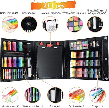 KIDDYCOLOR 211pcs Kids Art Supplies, Portable Painting & Drawing Art Kit for Kids with Oil Pastels, Crayons, Colored Pencils, Markers, Double Sided Trifold Easel Art Set for Girls Boys Teens 3-12