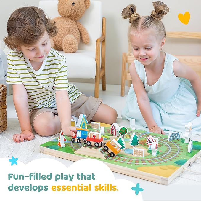 Bimi Boo 26-Piece Wooden Take-Along Tabletop Railroad Play Set for Toddlers - Premium Wood Railway Set for Kids 3+ Year Old - Magnetic Train Kit for Pretend Play - Includes Carry Case with Handle