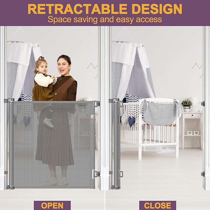 42" Tall X 60" Wide Retractable Pet Gates for Doorways Extra Tall Baby Gates for Dogs Tall Mesh Dog Gate Tall Retractable Gates for Baby and Pet Indoor Outdoor Mesh Cat Gate (Gray)