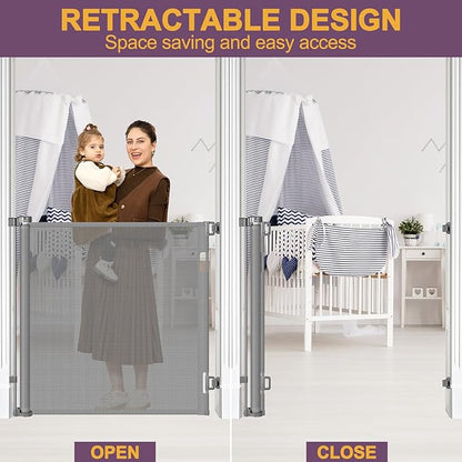 42" Tall X 60" Wide Retractable Pet Gates for Doorways Extra Tall Baby Gates for Dogs Tall Mesh Dog Gate Tall Retractable Gates for Baby and Pet Indoor Outdoor Mesh Cat Gate (Gray)