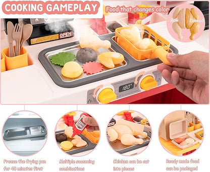 Kids Kitchen Play Set，Interactive Kids Kitchen Play Set with 82Pcs of Kitchen Toys，Realistic Sound Effects，and Simulated Functionality - Suitable for Toddlers (Red Kitchen Play Set)