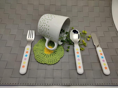 EXZACT Kids Flatware 6pcs Stainless Steel 18/10 Toddler Utensils Flatware- 3 x Forks, 3 x Spoons- BPA Free, Dishwasher Safe - 12 M+ - Stars & Dots