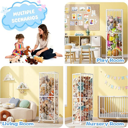 Fixwal Stuffed Animal Storage Zoo Metal Tube Extra Large Plushies Storage Stuffed Animals Holder Kids Toy Organizers and Storage with Elastic Band and Net for Playroom Bedroom White 61 x 17 x 12.6