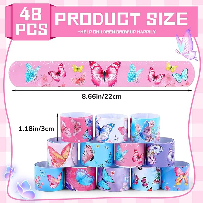 48 Pcs Butterfly Slap Bracelets Wristbands Toys Birthday Party Favors Kids Bracelets Snap Bands for Girls Butterfly Theme Birthday Party Decorations Supplies Class Prize Exchanging Gift, 12 Styles