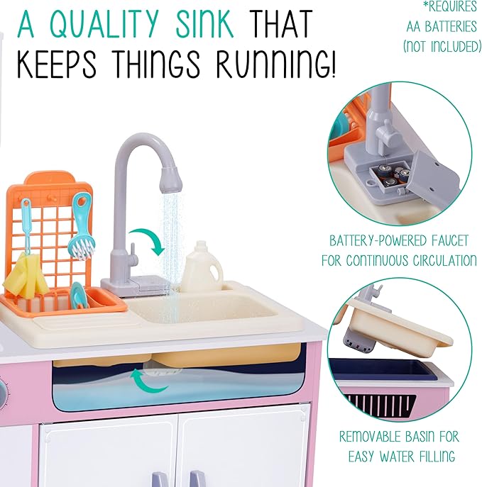 Lil' Jumbl Kids Wooden Pink Color Kitchen Set, Pretend Working Sink with Real Running Water, Includes Range Hood, Microwave & Stove Top That Make Realistic Sound & Light, Full Accessory Set Included