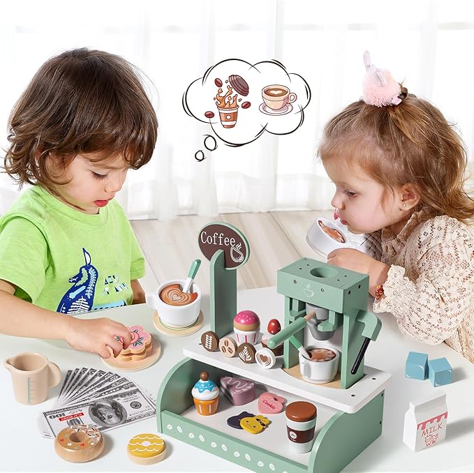 Toyssa Wooden Coffee Maker Playset for Kids 3 4 5, Pretend Play Food Toys for Toddlers with Dessert & Menu, Wooden Toys Play Kitchen Accessories Christmas Birthday Gift for Kids Girls Boys 3 4 5 6
