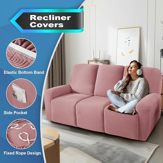 JIVINER 5 Pieces Recliner Sofa Covers Stretch Recliner Sofa Slipcover with Elastic Bottom Jacquard Fitted Reclining 3 Cushion Couch Cover Furniture Protector with Pockets (3 Seater, Dusty Pink)