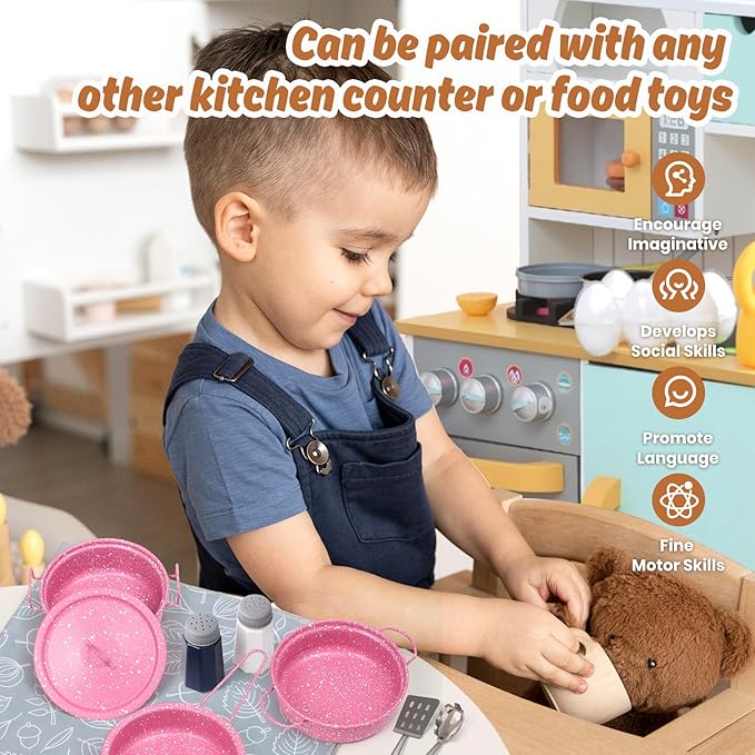 Kids Play Kitchen Toy Accessories Set Toddler Cooking Playset Colorful Stainless Steel Pots and Pans Birthday Gifts for 3+ Girls Boys (New Pink)