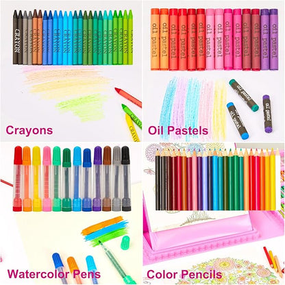 KINSPORY Art Supplies, 290 Pack Art Sets Crafts Drawing Coloring kit, Double-Side Trifold Easel, Oil Pastels, Crayons, Colored Pencils, Creative Gift for Beginners Artists Girls Boys Kids (Pink)