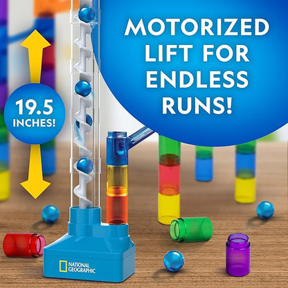 National Geographic Marble Run with Motorized Elevator - 95-Piece Marble Maze Kit with Motorized Spiral Lift, 20 Marbles, Perpetual Motion Machine, STEM Gifts for Boys and Girls, Kids Physics Toys