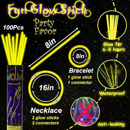 100 pk 8" Yellow Glow Sticks Bulk Party Favors, Light up Glow Necklaces & Bracelets in the Dark Party Supplies For Christmas Halloween Birthday Neon Party (100 * Yellow)
