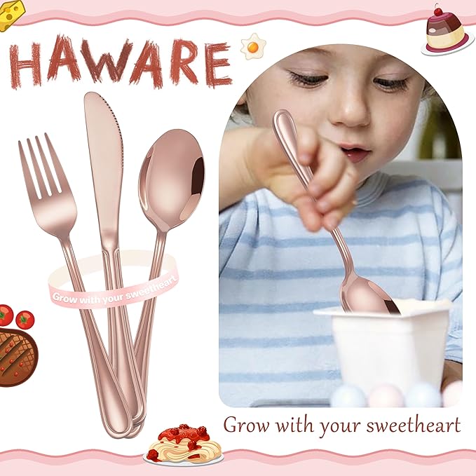 HaWare 12-Piece Kids Silverware, Stainless Steel Toddler Utensils Flatware Set, Preschooler Eating Utensils Includes 4 Spoons 4 Forks 4 Knives, Metal Children Cutlery for Home School, Mirror Finished