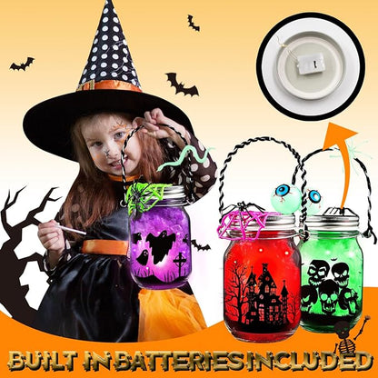 Shemira Halloween Craft Kit for Kids, 8 pcs Glass Mason Jar with Accessories for DIY Lantern Jar, Halloween Art & Craft Party Supplies, Halloween Art Activities,Halloween Craft and Art Party Supplies