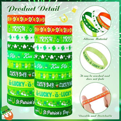 Wettarn 60 Pcs St. Patrick's Day Silicone Bracelets Shamrock Party Favors Irish Rubber Wristbands for Kids Adults Clover Party Supplies School Classroom Prizes Gifts