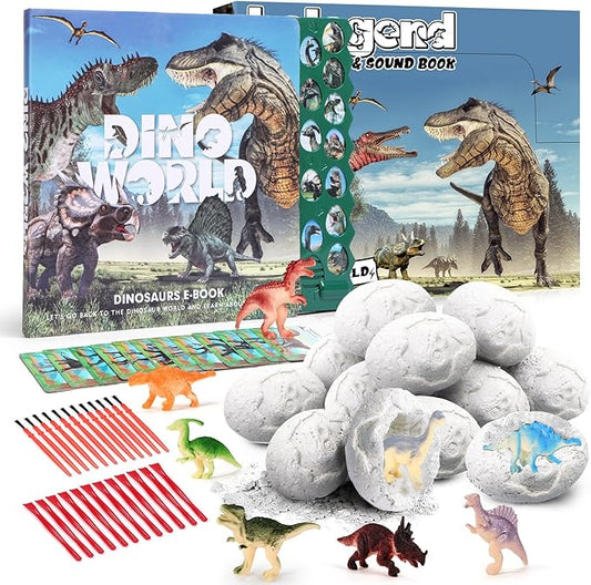 kolegend Dino Egg Dig Kit, 12 Pack Dinosaur Eggs Excavation Science with 1 Dinosaur Sound Book and 12 Dinosaur Cards, Easter Basket Stuffers Toys for 3 4 5 6 7 8 9 10 11 Year Old Boys Girl