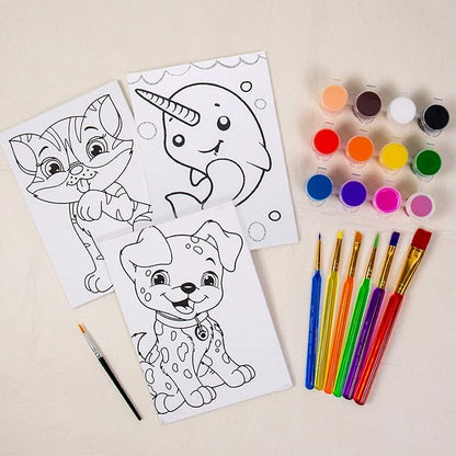 Horizon Group USA Pre-Printed Canvas & Paint Art Set, Ready to Paint 5" X 7" Canvas Panels, 12 Tempera Paints, 6 Easy-Grip Assorted Paintbrushes Included. Dog, Cat, Glitter Narwhal.