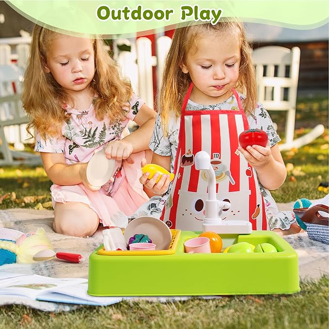 Play Sink with Running Water Play Kitchen Toddler Girl Toys Sink Kitchen Sink Toys with Apron Children Electric Dishwasher Kids Sink Running Water Play House Pretend Role Play Sink for Toddlers 1-3