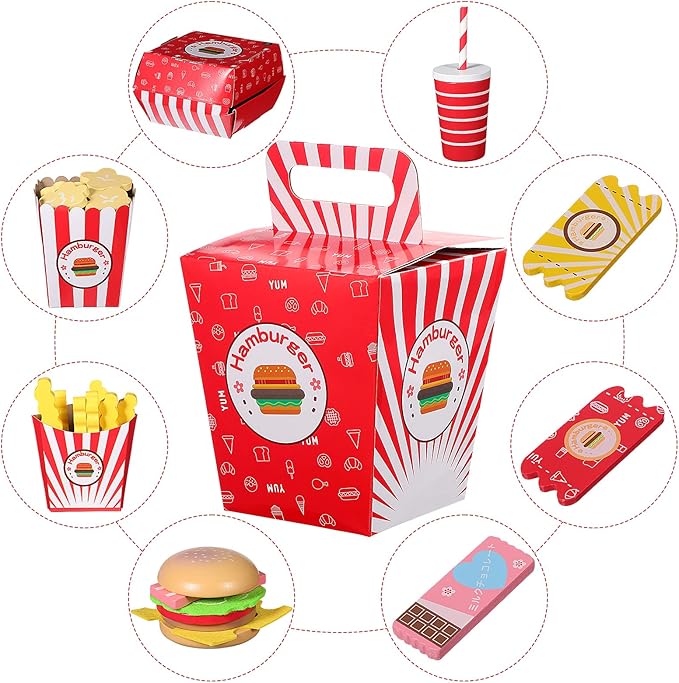 Vaguelly 1 Set Hamburger French Fries Combo Simulation Wooden Food Toys Wooden Kitchen Food Fake Food Wood Pretend Food Kitchen Play Food Happy Burgers Household Paper Bread Child