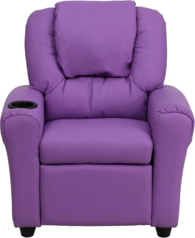Flash Furniture Vana Vinyl Kids Recliner with Cup Holder, Headrest, and Safety Recline, Contemporary Reclining Chair for Kids, Supports up to 90 lbs., Lavender