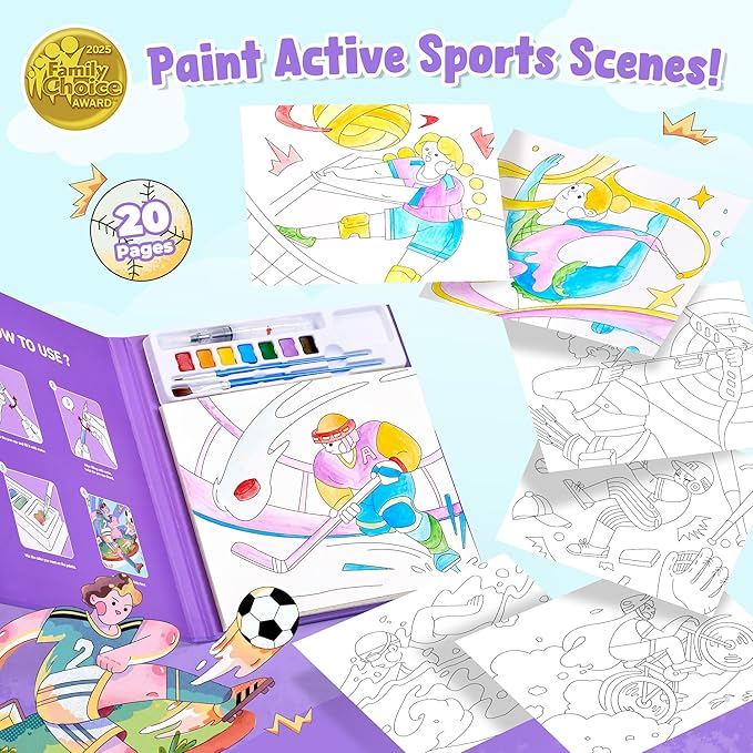 JoyCat Paint with Water Coloring Books for Toddlers, Watercolor Painting Sets for Kids Ages 3-5 4-8, Arts and Crafts Drawing Activities Toy Birthday Gifts for Boys Girls (Sports)